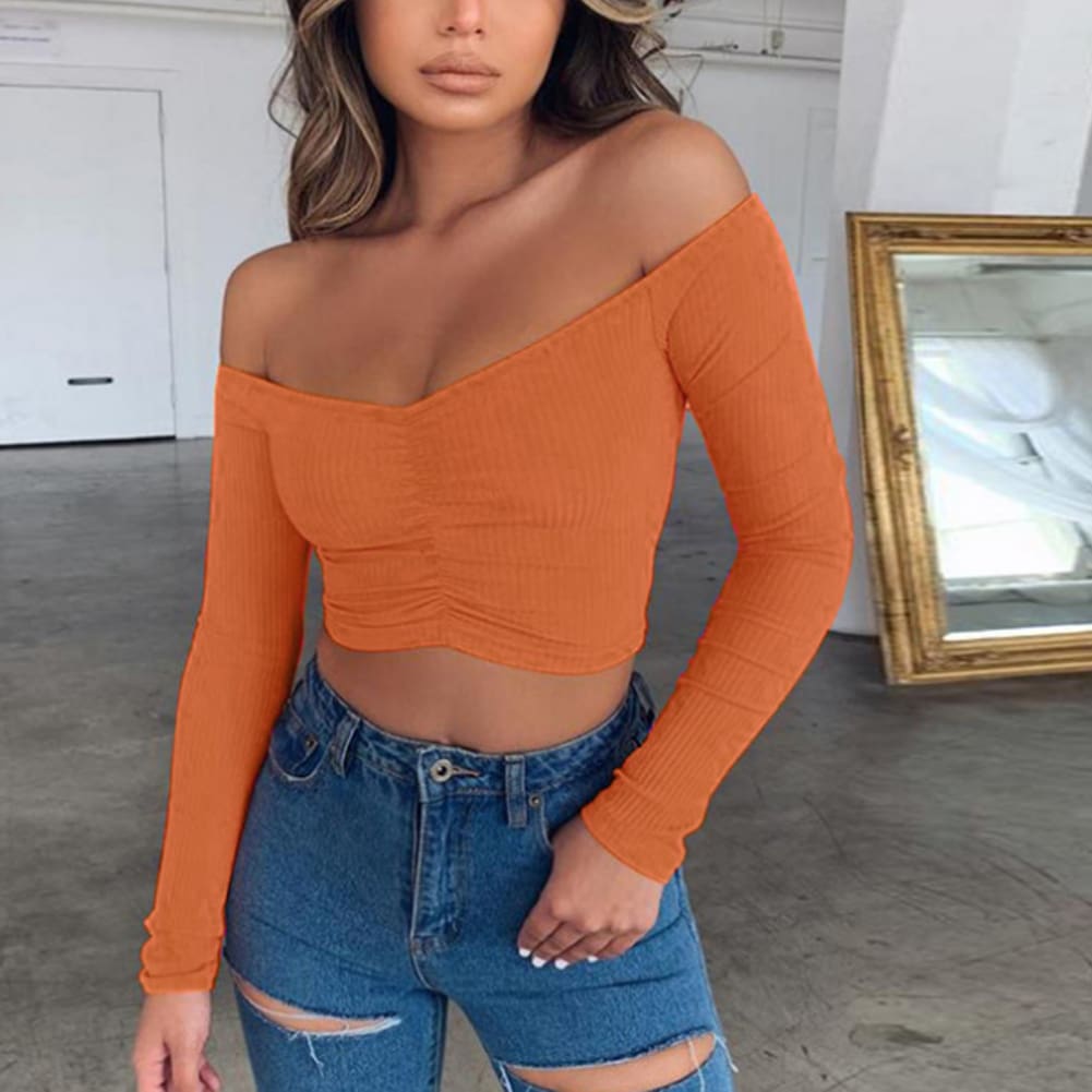 New Women Summer Casual Off Shoulder Tops Vest Shirt Long Sleeve Solid Crop Top Shirt Pullover Slim Tee Streetwear