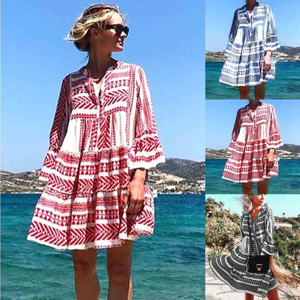 New Ladies Women Fashion Boho Summer Smock Swing Dress Tops Holiday Beach Casual V Neck Loose Frill Sundress