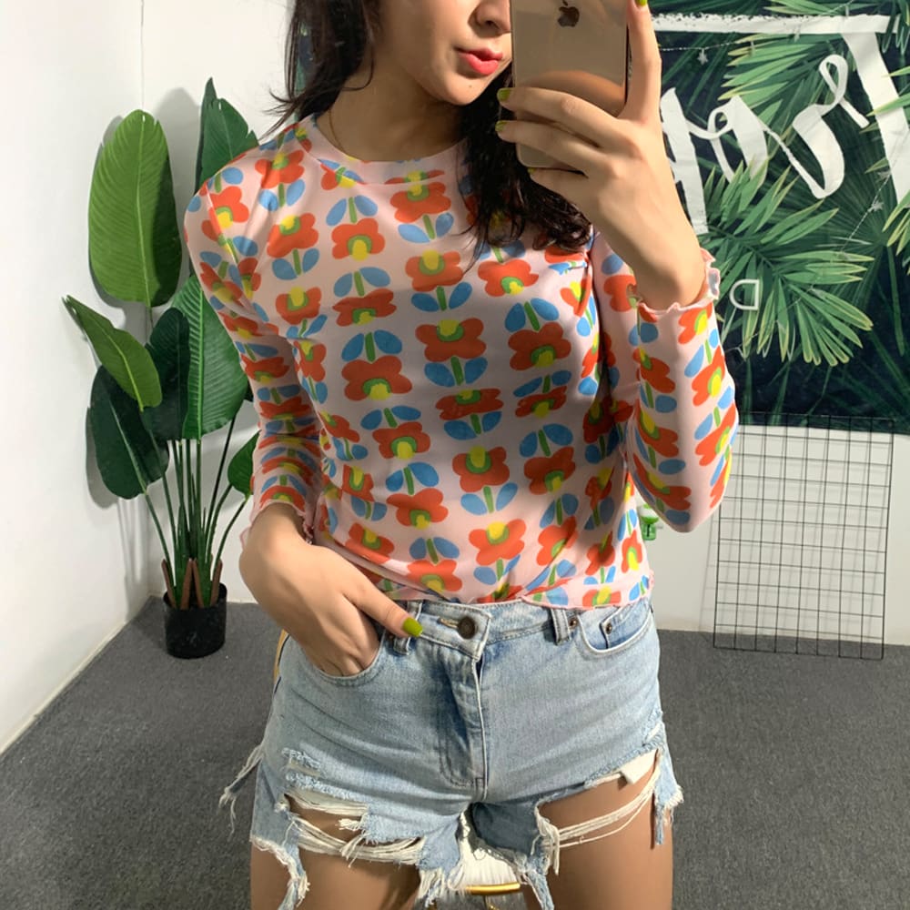 New Women Sweet Cute Flower Patten Sheer Mesh See Through Long Sleeve T-Shirt Tee Crop Tops Summer Fashion Casual Lovely T-shirt