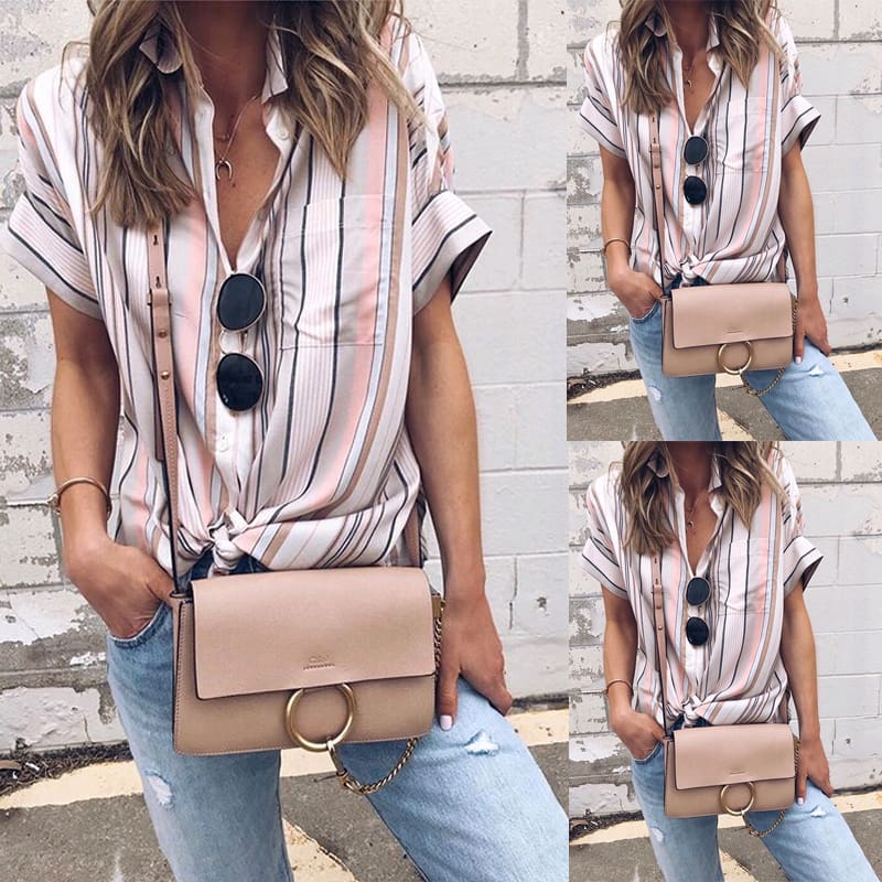 Summer Women Short Sleeve Loose Shirts Fashion Ladies Casual Striped V-Neck Baggy Blouse Tops Tunic Shirt