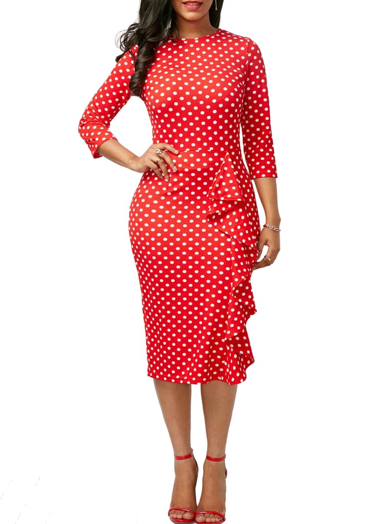 Elegant Women Ladies Sexy Long Sleeve Polka Dots Ruffle Bodycon Slim O-Neck Casual Party Long Pencil Dress