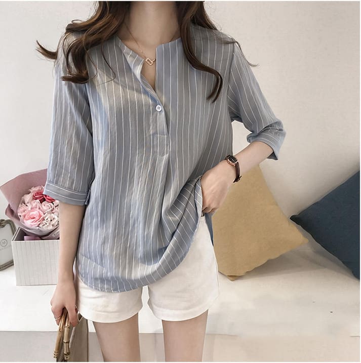 Fashion Women Summer Stripe Long Sleeve Shirt OL Ladies Loose Button Casual Blouse Tops Plus Size Women Clothes