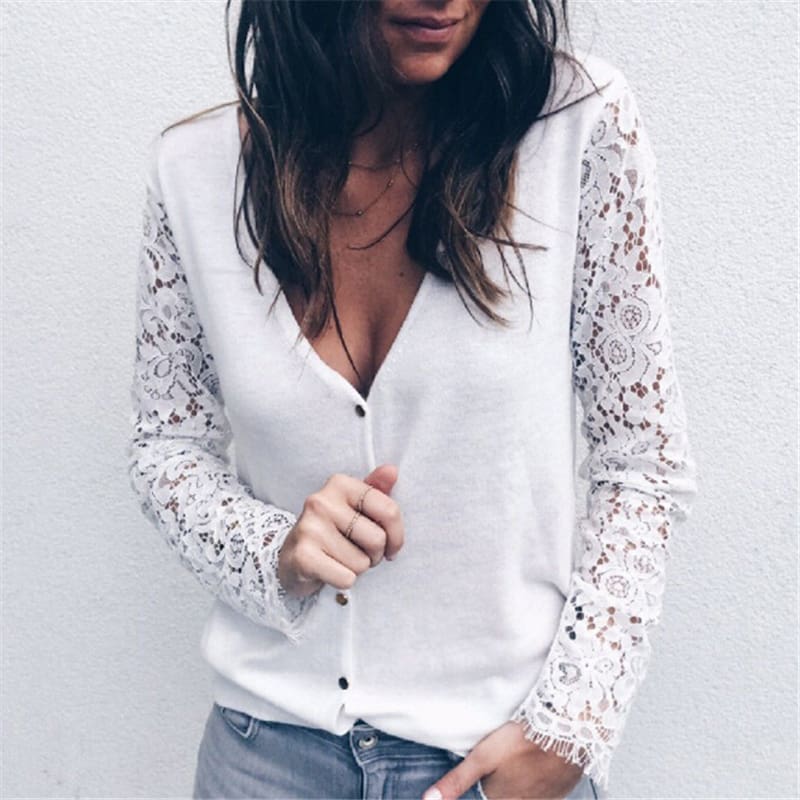 Women Blouses V Neck Blouse Floral Lace Long Sleeve Blouse Female Shirts Women Tops Blouses Black White Ladies Clothes