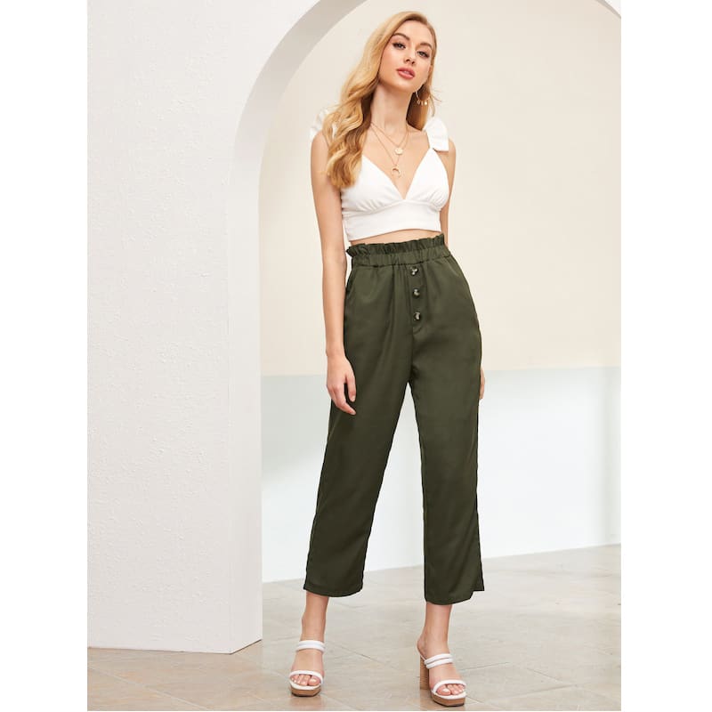 Treny Women Summer High Waist Frill Waist Button Front Straight Leg Pants Elastic Crop Pants Belt Harem Trousers