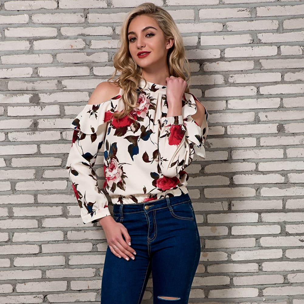 Fashion Boho Women Summer Floral Chiffon Shirt Tops Elegant Ladies Casual Long Sleeve Crew Neck Loose Blouse Shirts