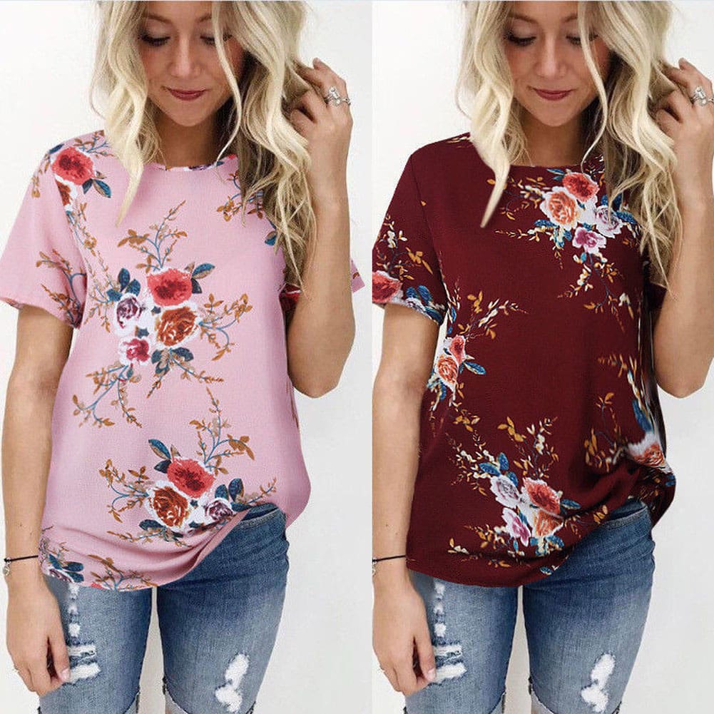 New Summer Women Ladies Tops Floral Print Shirts Elegant Casual Short Sleeve Boho Beach Holiday Loose Crew-neck Shirts