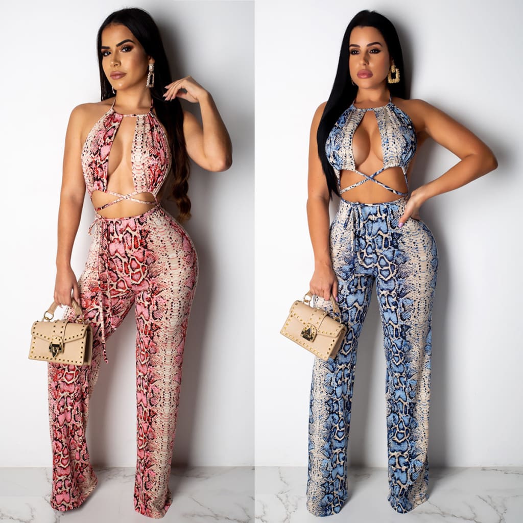 New Women 2 Piece Outfits Snake Print Bandage Sleeveless Backless Lace Crop Tops + Lace Up Loose Long Pants