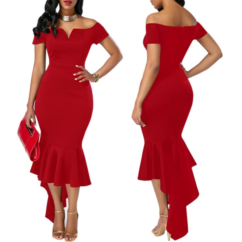 Fishtail Dresses for Women Off Shoulder Midi Bodycon Dress Short Sleeve V Neck Cocktail Party Evening Formal Dress