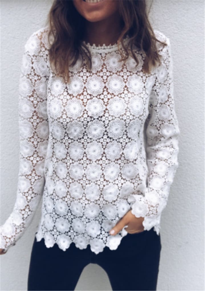 Fashion Women Boho Beach Holiday Summer Loose Casual Chiffon Lace Floral Embroider White Tops Femme Ladies Mesh Shirt