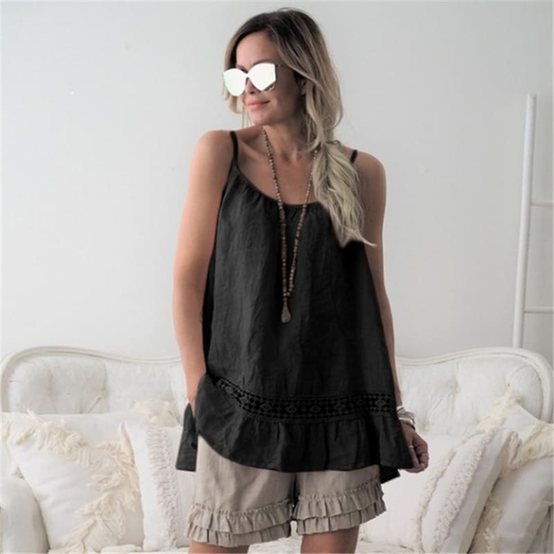 Women Lace Cami Tank Tops Vest Ladies Summer Loose Solid Casual Strappy O-Neck Camisole Blouse Shirts