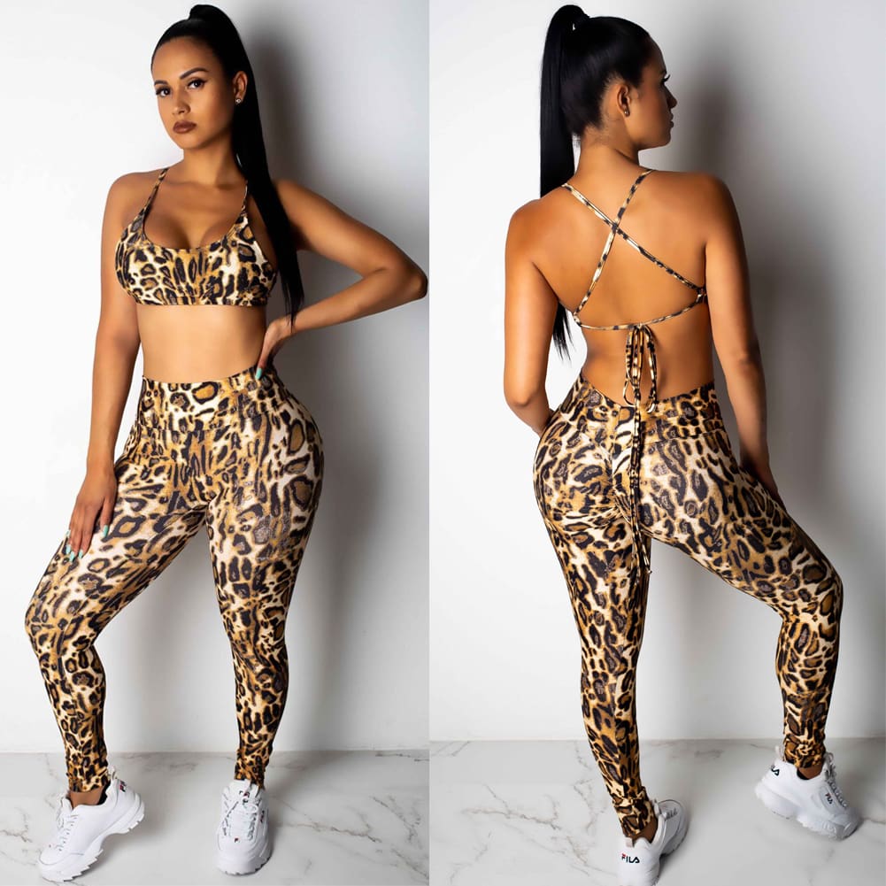 2PCS Women Sexy Leopard Sport Suit Backless Vest Bra Tops + Stretchy Legging Pants Leopard Tracksuit Hot