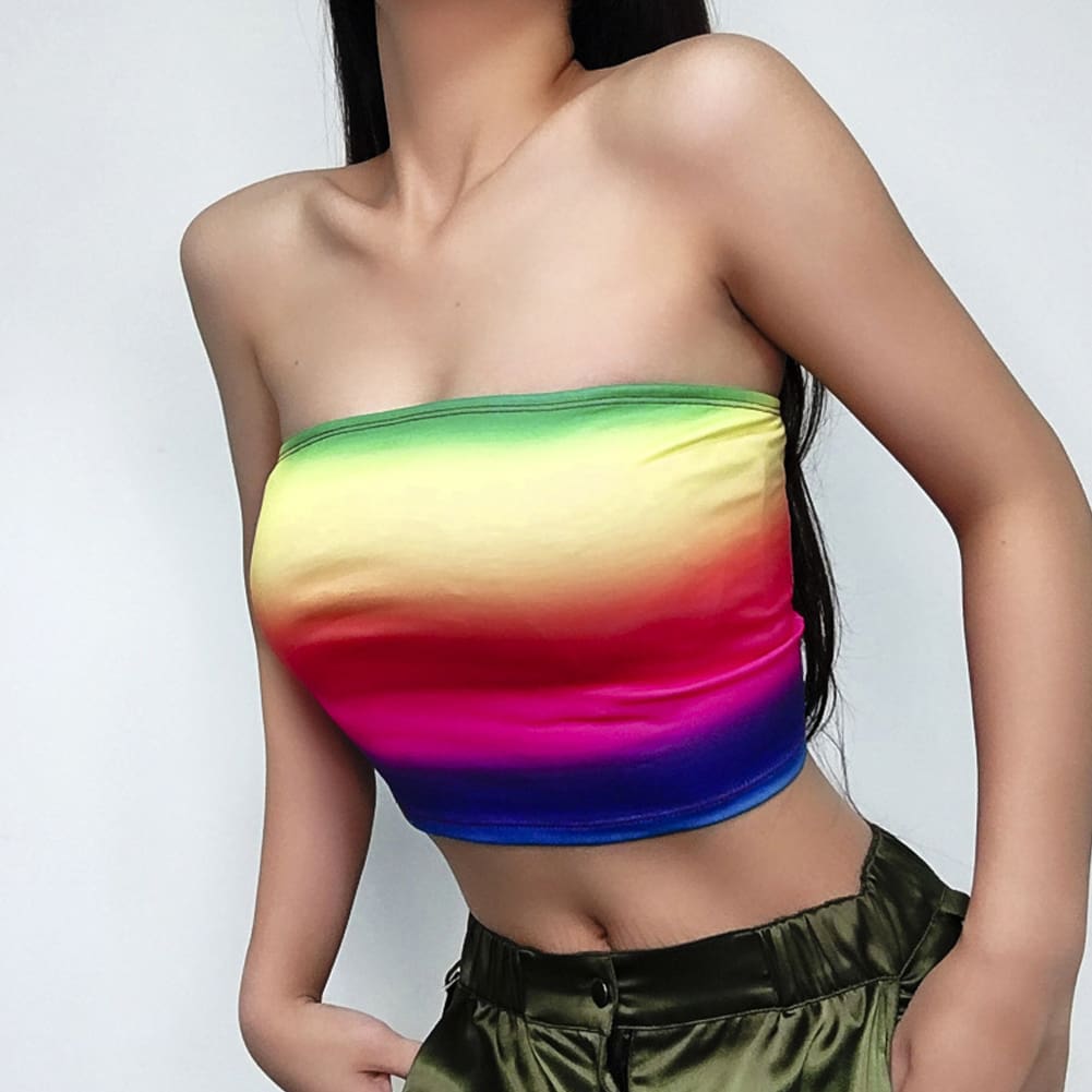 Summer Women Casual Off Shoulder Stretch Tank Top Vest Blouse Fashion Ladies Sleeveless Rainbow Print Crop Tops Shirt