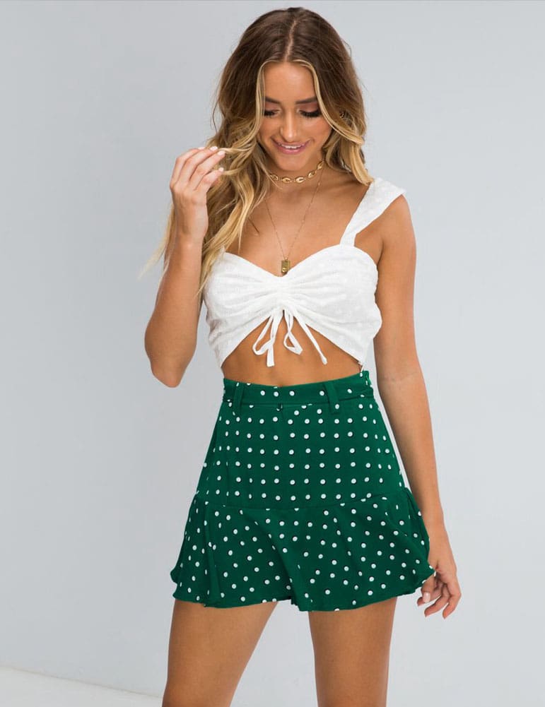 Summer High Waist A Line Circle Elastic Stretch Pleated Flared Beach Polka Dot Mini Skirt