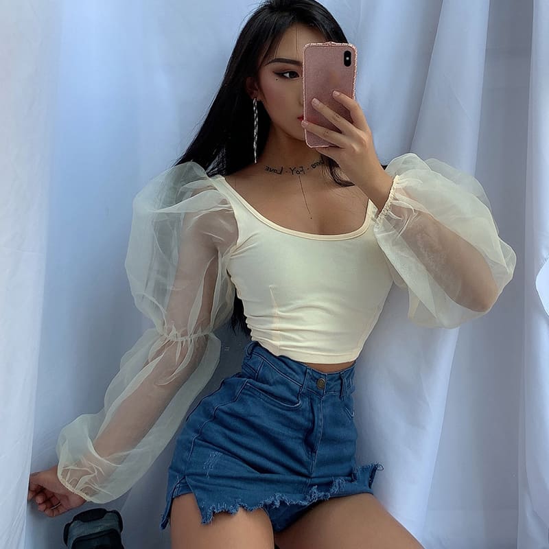 Women Blouse Tops Sheer Long Sleeve Casual Blouse Slimmer Fitting Solid Holiday Crop Tops Shirt