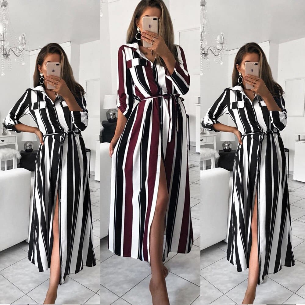 Stripe Turn-Down Collar Button Autumn Summer Long Sleeve Dress