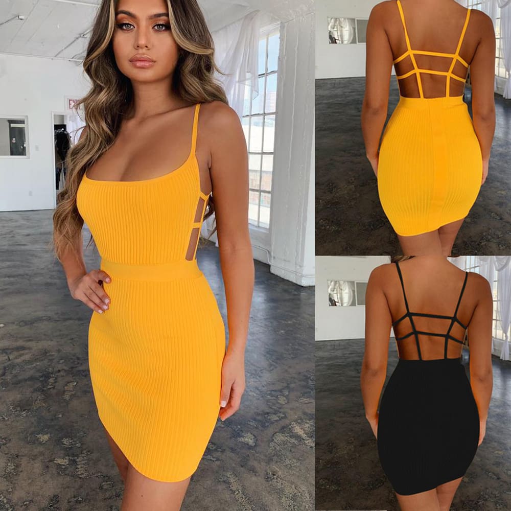 Women Sexy Summer Bandage Bodycon Strappy Dress Ladies Summer Boho Backless Stretchy Package Hip Slim Sundress