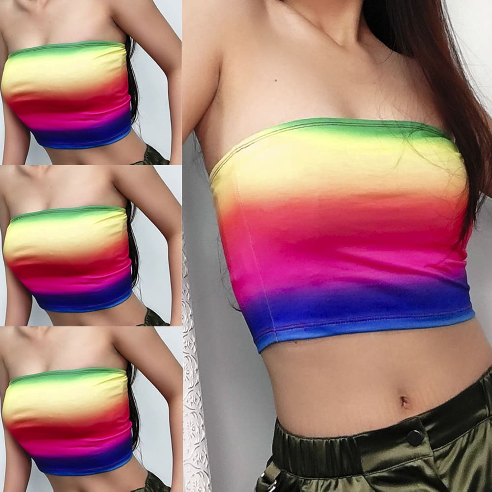 Summer Women Casual Off Shoulder Stretch Tank Top Vest Blouse Fashion Ladies Sleeveless Rainbow Print Crop Tops Shirt