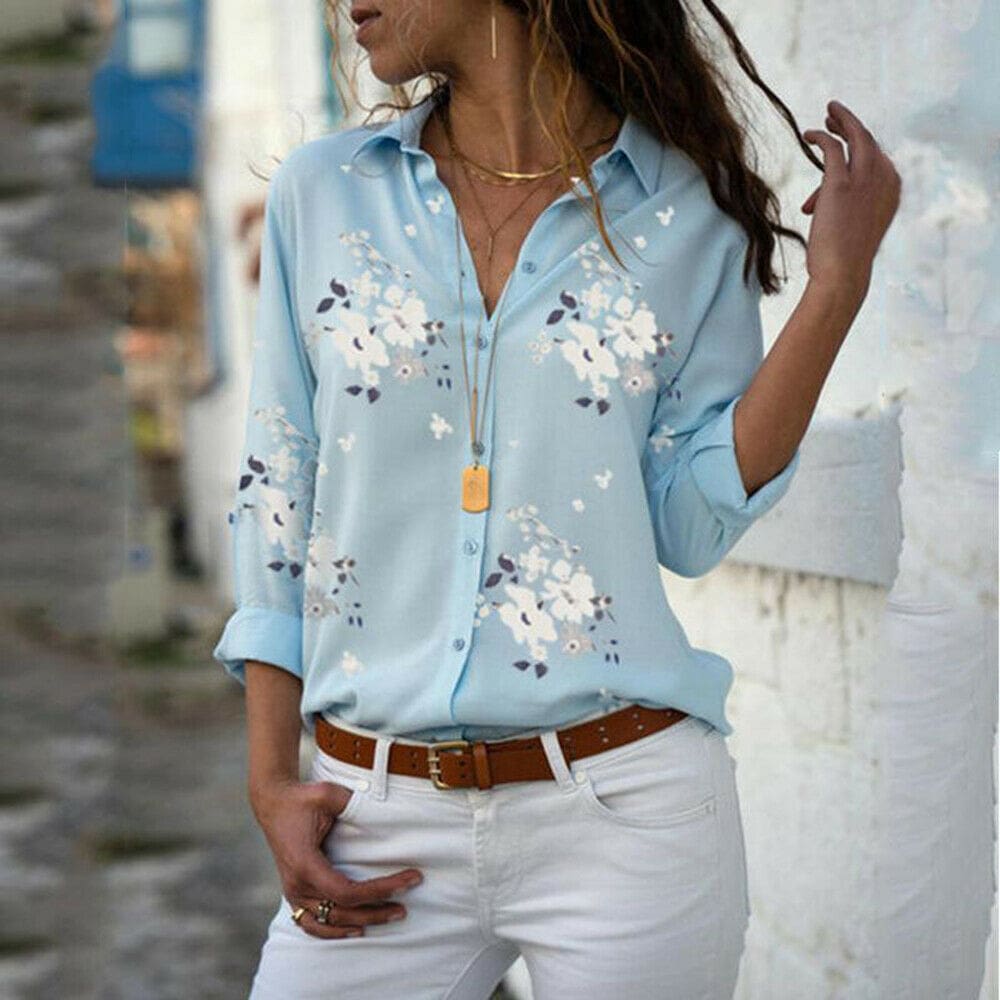 Plus Size Womens Summer Floral Long Sleeve Button V-Neck Shirts Ladies Casual Loose Office Work Blouse Tops