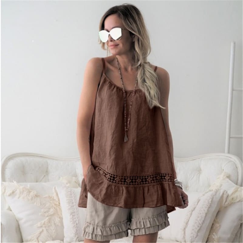 Women Lace Cami Tank Tops Vest Ladies Summer Loose Solid Casual Strappy O-Neck Camisole Blouse Shirts