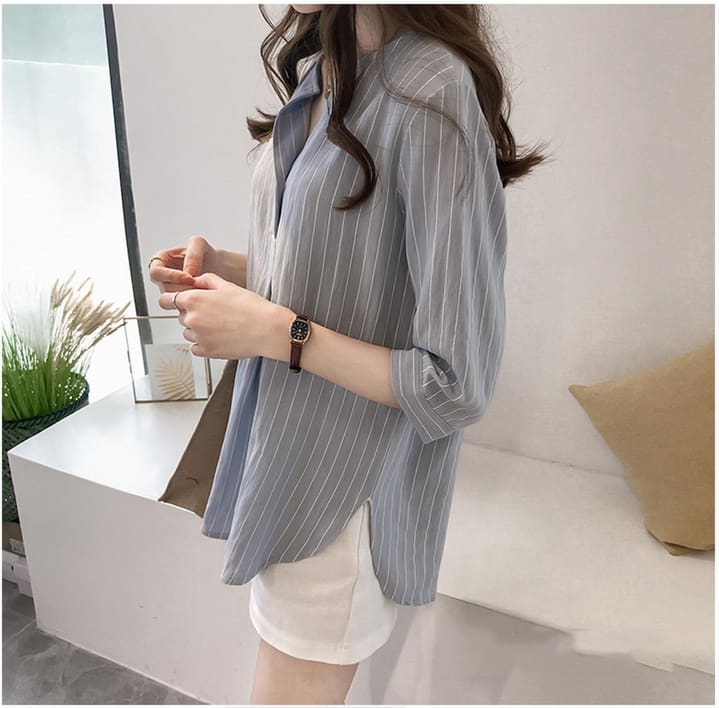 Fashion Women Summer Stripe Long Sleeve Shirt OL Ladies Loose Button Casual Blouse Tops Plus Size Women Clothes