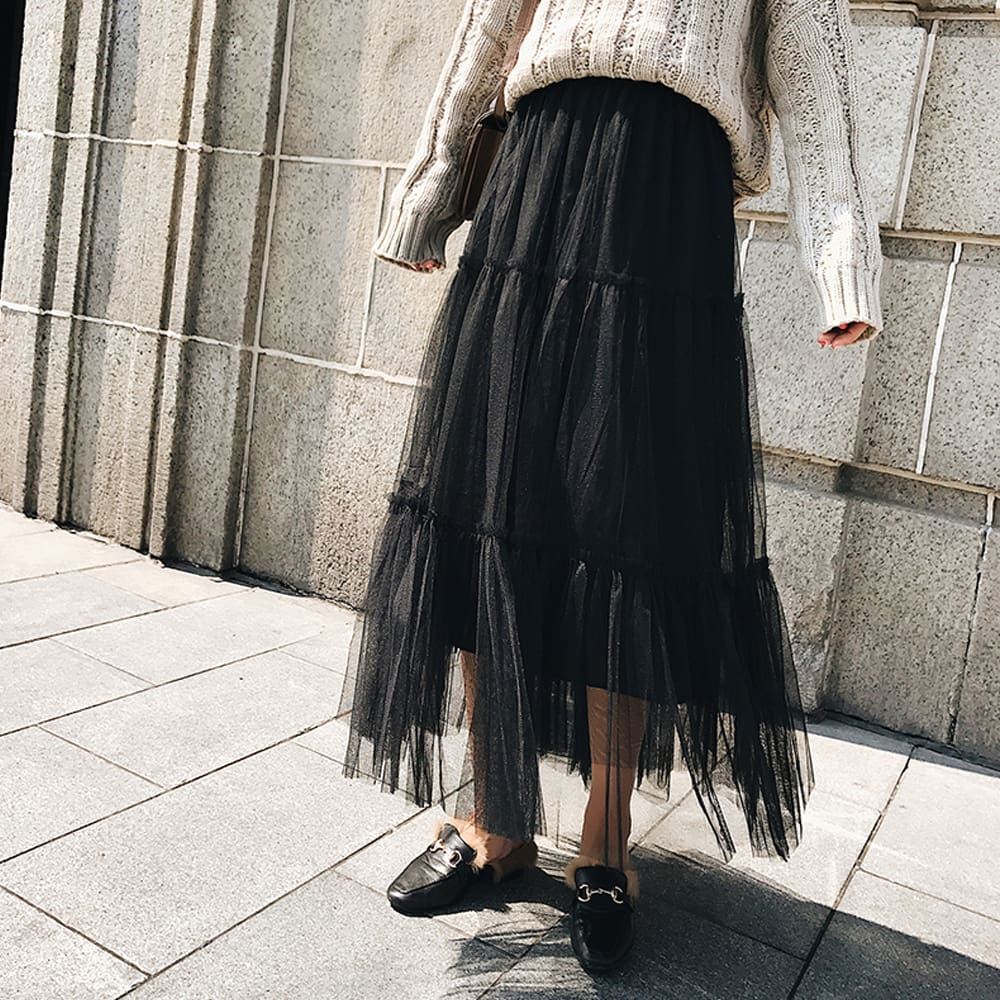 Summer Women Elastic Mesh Tulle Pleated Skirt Ladies Casual Holiday A-Line High Waist Solid Long Maxi Skirt