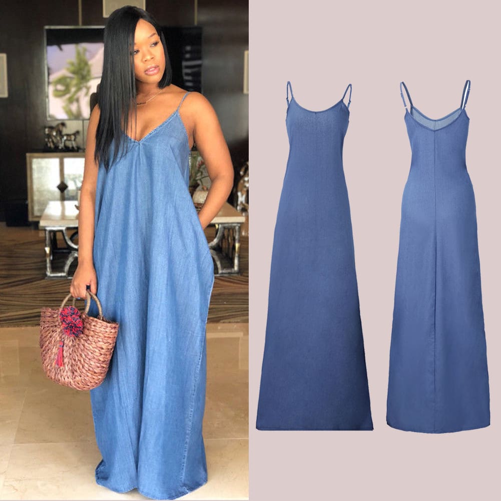 Ladies Boho Backless Summer Long Denim Maxi Dress