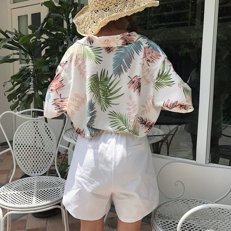 New Women Summer Casual Loose Half Sleeve Blouse Fashion Ladies Leaf Printed Tops Lapel Shirts Beach Holiday Tops