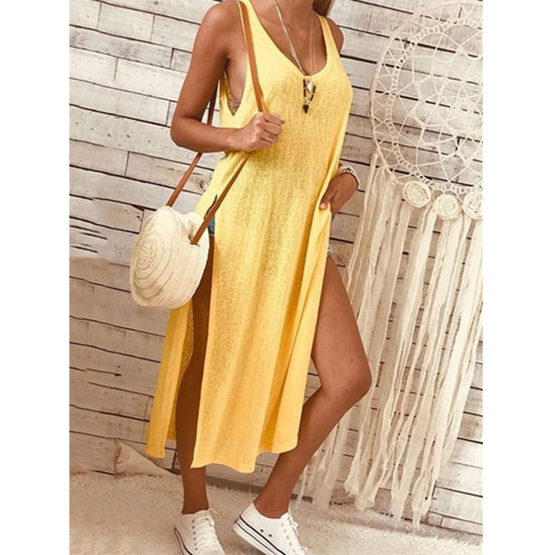 Summer Womens Solid Color Split Sleeveless V-Neck Loose Casual Party Bohemian Dress Holiday Beach Sundress