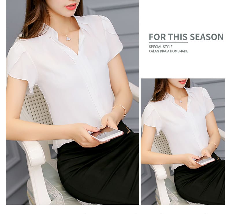 Fashion Women Summer Chiffon Slim Fit Short Sleeve Office Lady Solid Casual V-Neck Shirt Tops Blouse Shirt New