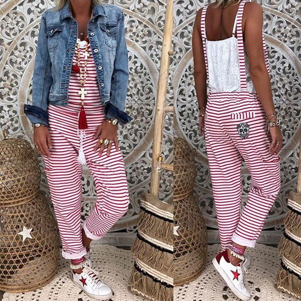 New Fashion Romper Women Striped Sleeveless Loose Jumpsuit Dungarees Overall Casual Harem Loose Strap Pant Trousers