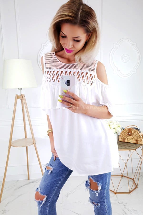 Summer Ladies Mesh Openwork Short Sleeve Tops Shirt Women Casual Loose Ruffled Off-Shoulder Blouse Shirt