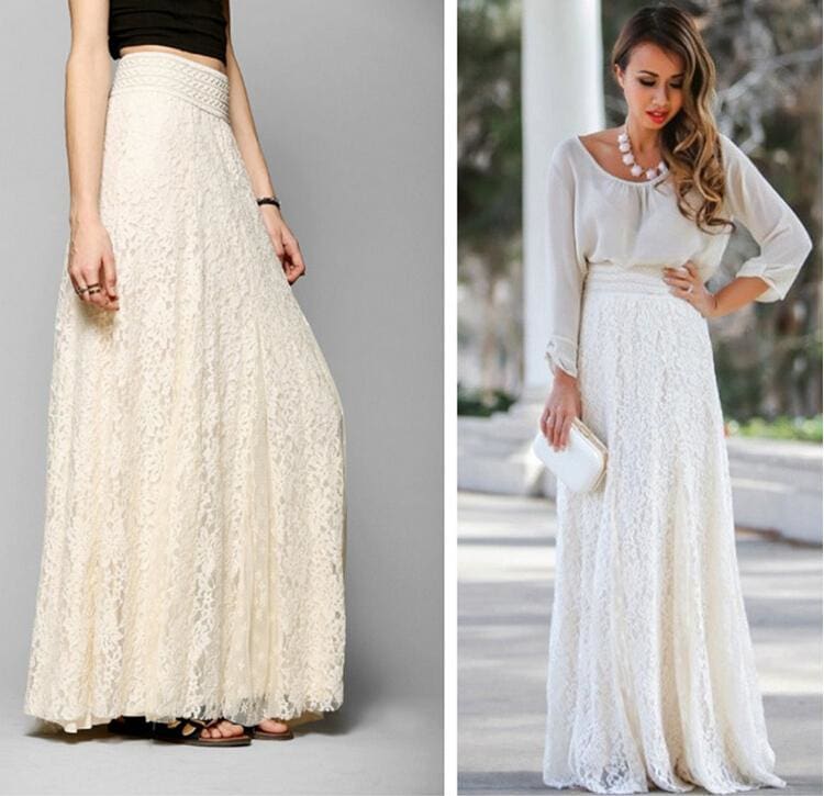 New Fashion Women High Waist Beach Skirt Stretchy Double Lace Layer Chiffon Maxi Casual Long Skirt Summer Beach Sundress