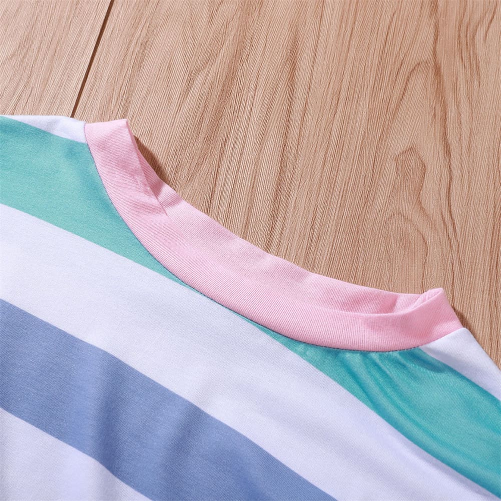 New Fashion Women Pre-fall Long Sleeve Crew Neck Rainbow Striped Shirt Casual Ladies Loose Tops T-Shirt Women Clothes