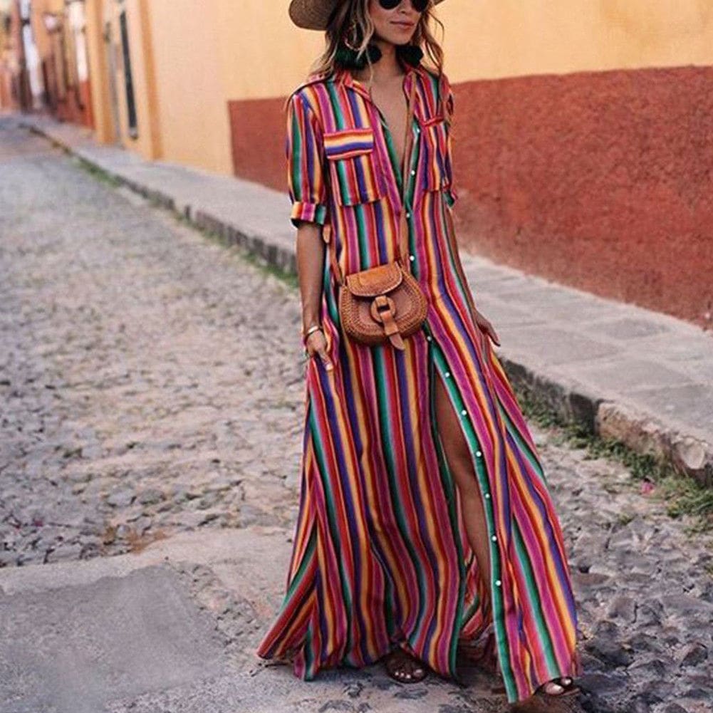 Womens Boho Beach Summer Holiday Maxi Dress Elegant Ladies Holiday Party Colours Rainbow Striped Sundress Streetwear Plus Size