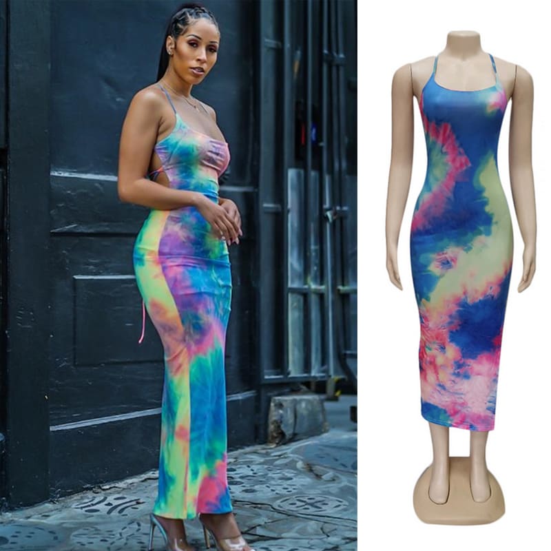 New Women Backless Holiday Beach Strappy Bodycon Dress Summer Tie Dyeing Party Slim Dresses Clubwear