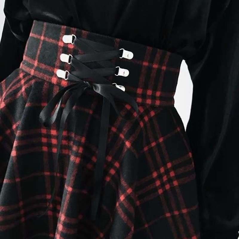 Plaid Pleated Ball Gown High Waist Lace Up Wool Skirt Bottom