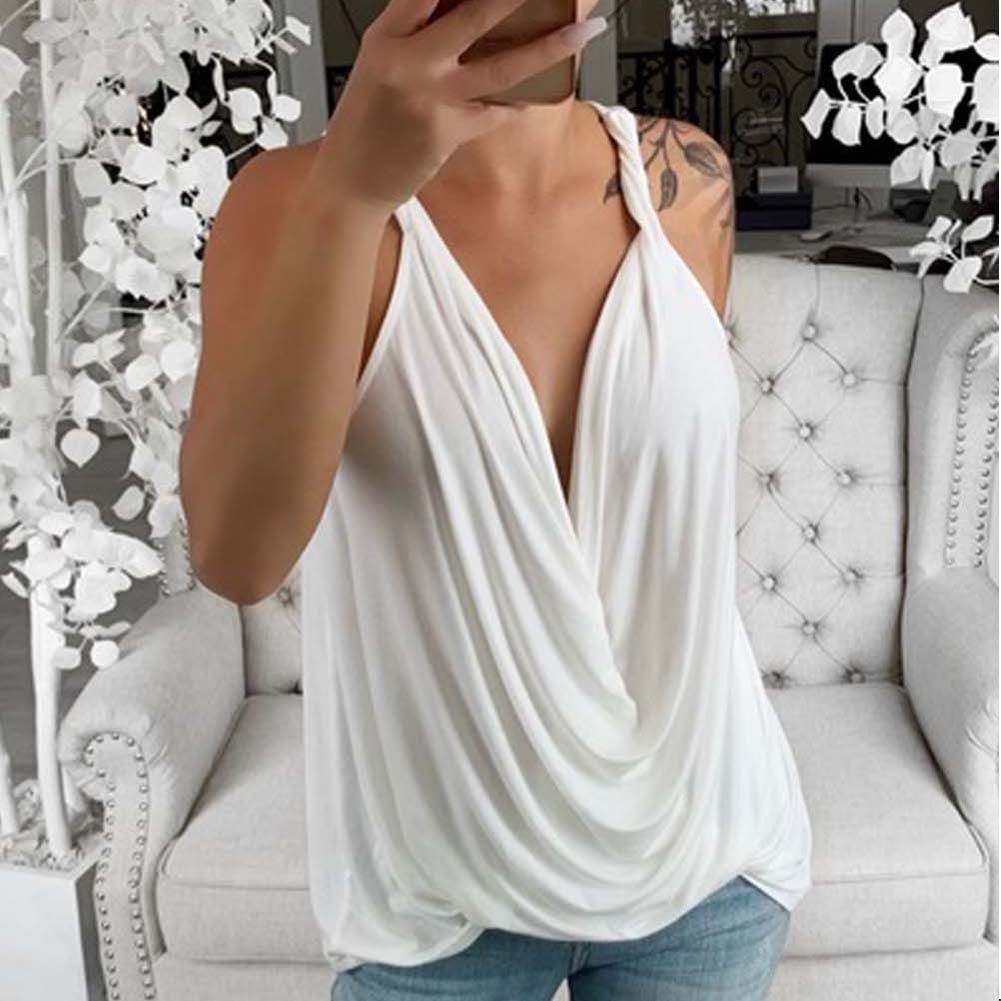 New Women Casual Strap Sheer Sleeveless Solid Tank Top Summer Ladies V-neck Loose Camisole Crop Tank Tops Vest Shirt