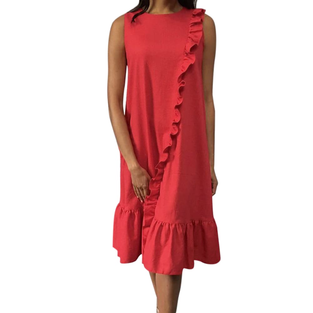 New Fashion Women Sleeveless Casual Red Dress Holiday Loose Ruffle Top Shirts Dress Casual Beach Summer Sundress