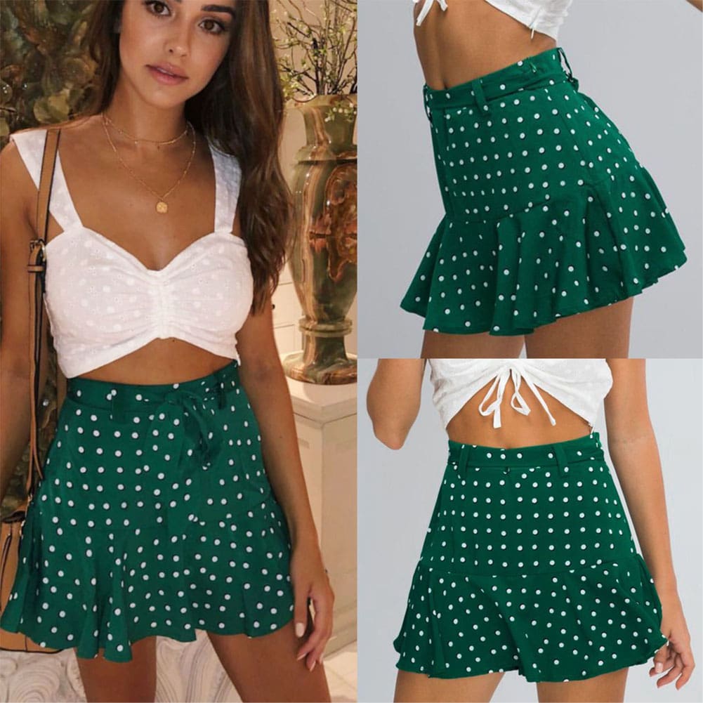 Summer High Waist A Line Circle Elastic Stretch Pleated Flared Beach Polka Dot Mini Skirt