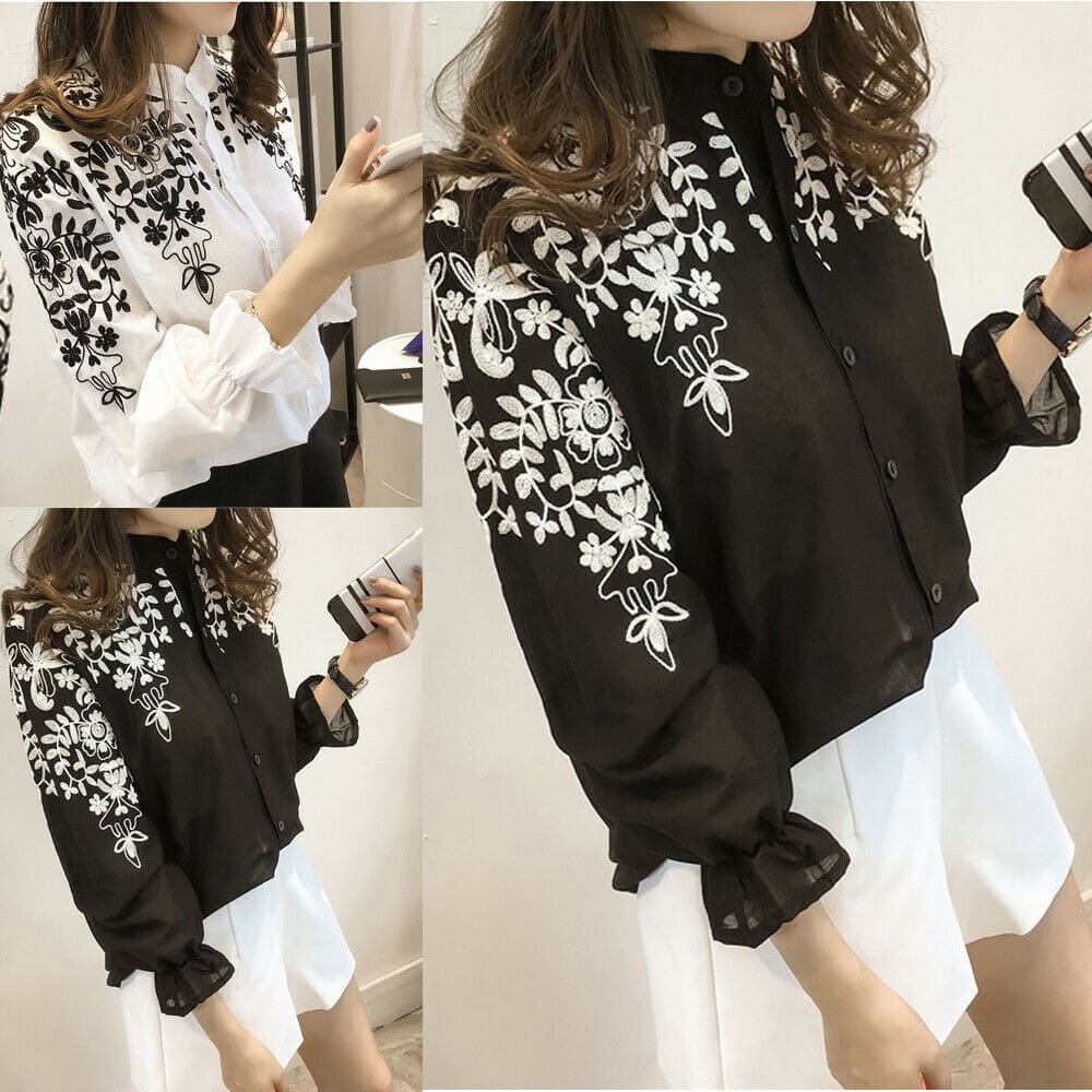 Fashion Women Ladies Long Sleeve Printed Embroidery Casual Blouse Tops Holiday Summer Office Work Shirt Plus Size