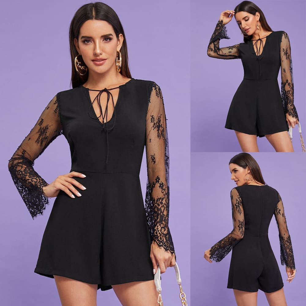 Summer Women V Neck Mesh Long Sleeve Bodycon Jumpsuit Fashion Ladies Slim Romper Casual Short Pants