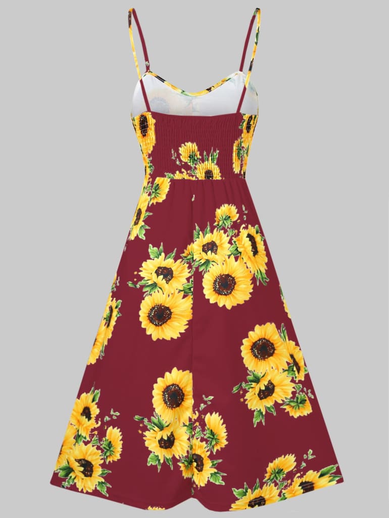 Sunflower Printing Button Up A Line Off Shoulder Sleeveless Dress