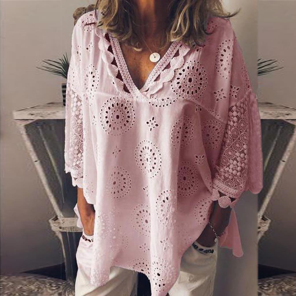 Women Blouse V-Neck Long Sleeve Embroidery Cotton Shirt Summer Holiday Ladies Casual Loose Solid Top Outwear