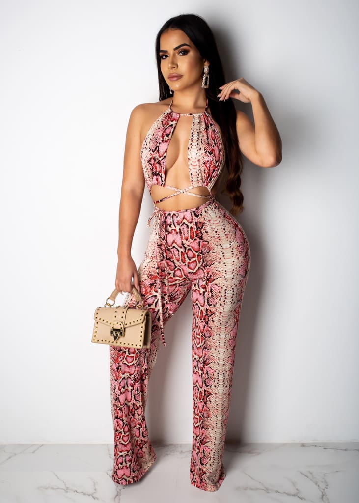 New Women 2 Piece Outfits Snake Print Bandage Sleeveless Backless Lace Crop Tops + Lace Up Loose Long Pants