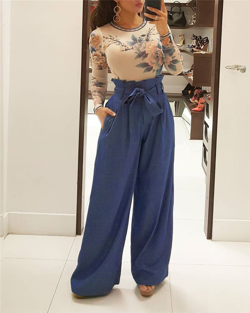 Fashion Women High Waist Ruffles OL Ladies Trouser Denim Look Wide Leg Drawstring Elastic Long Loose Casual Pants