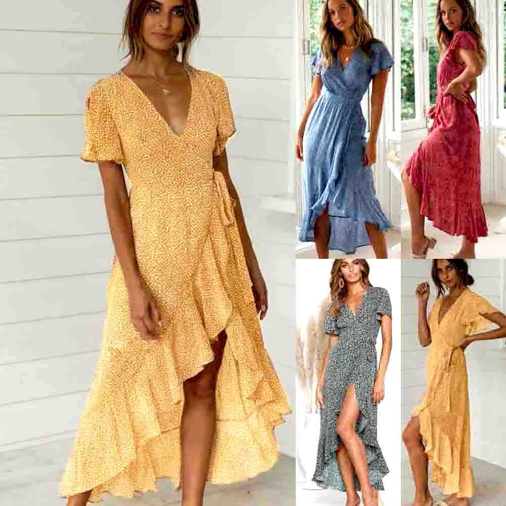 Women Ladies Summer Boho Short Sleeve Long Floral Dress Fashion Ruffle V-Neck Party Beach Dresses Sundress