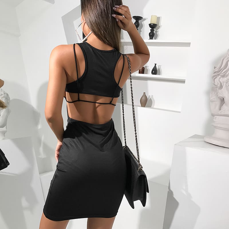 Fashion Sexy Women Backless Strap Sleeveless Hollow Package Hip Bodycon Dress Ladies Summer Slim Solid Casual Dress Sundress