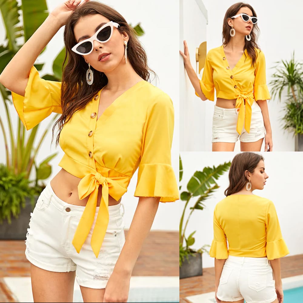 New Womens Chiffon Half Sleeve V-Neck Bandage Shirt Fashion Ladies Summer Casual Solid Blouse Tops Women Clothes