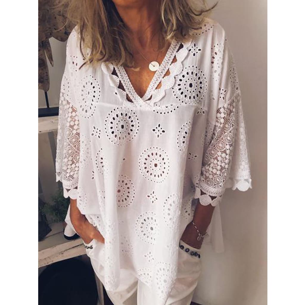 Women Blouse V-Neck Long Sleeve Embroidery Cotton Shirt Summer Holiday Ladies Casual Loose Solid Top Outwear