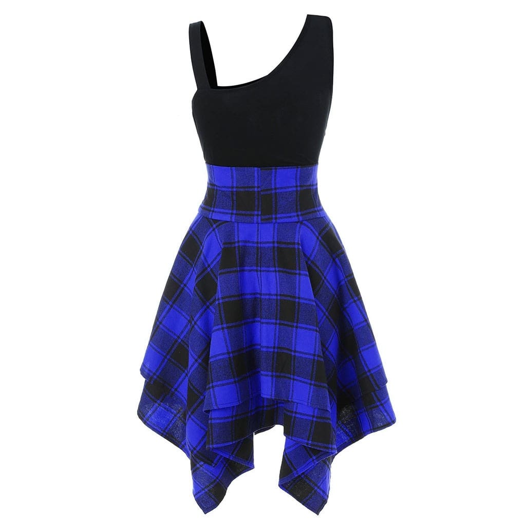 Women Sleeveless Cold Shoulder Cross Lace Up Plaid Asymmetrical Dress